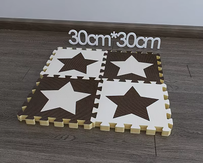 Brown And White Square Puzzle Mats With Star Pattern 30cm By 30cm On Wooden Floor 3d model