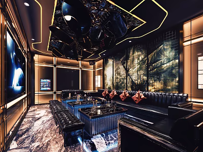 Luxury KTV Interior With Neon Lights Leather Sofas And Marble Floor 3d model