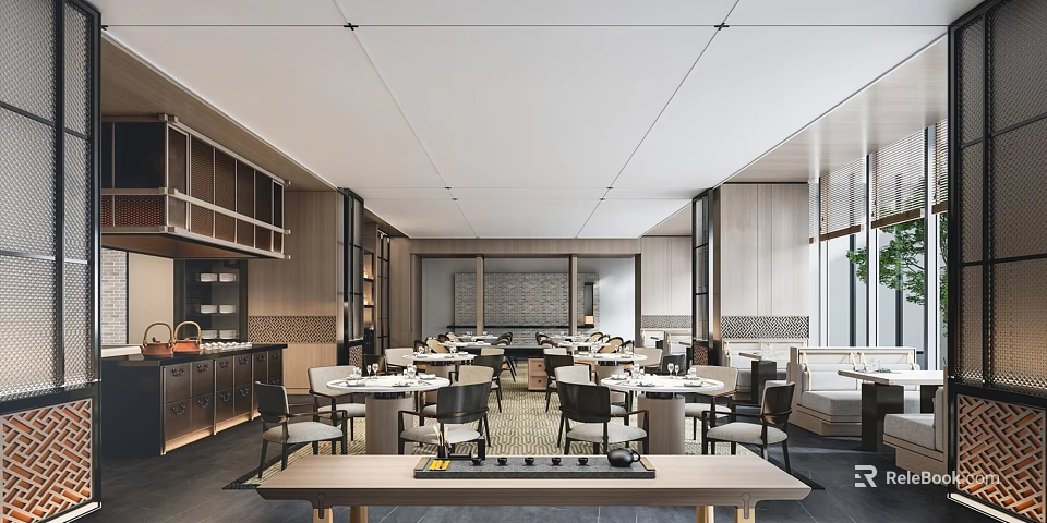 Modern Restaurant Interior With Wooden Tables Pendant Lights And Cozy Dining Layout 3d model 