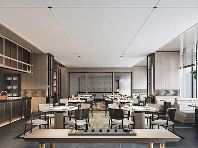 Modern Restaurant Interior With Wooden Tables Pendant Lights And Cozy Dining Layout 3d model