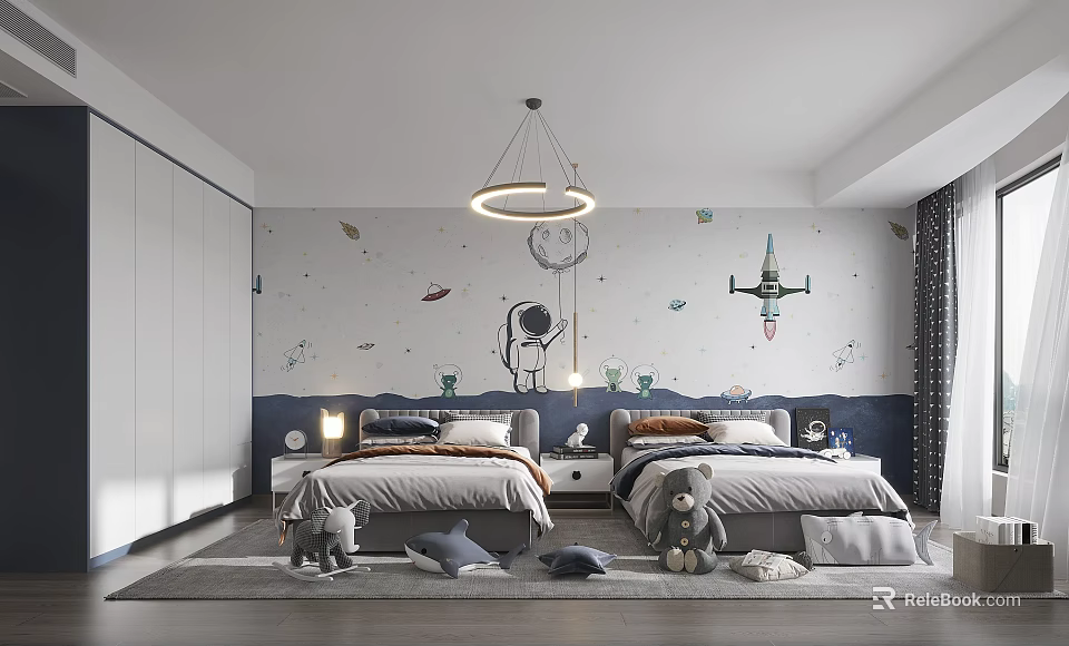 Modern Kids Bedroom With Space Themed Wall And Two Beds 3d model 