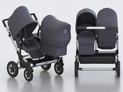 Modern Double Stroller With Two Seats Canopies Sturdy Frame And Wheels 3d model