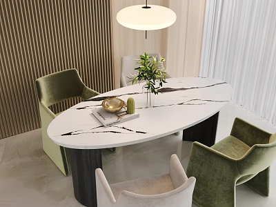 Modern Dining Table Set with White Marble Tabletop Black Legs and Green Beige Velvet Chairs 3d model