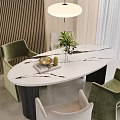 Modern Dining Table Set with White Marble Tabletop Black Legs and Green Beige Velvet Chairs
