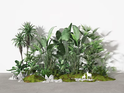 Lush Tropical Greenery Garden With Palm Trees Large Leaves Grass Rocks And White Deer 3d model