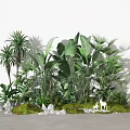 Lush Tropical Greenery Garden With Palm Trees Large Leaves Grass Rocks And White Deer 3d model