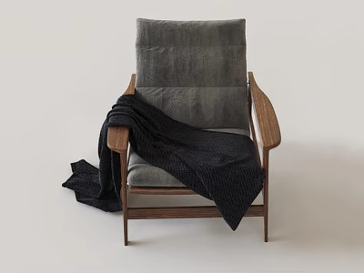 Comfortable Leisure Chair With Gray Cushioned Backrest Walnut Wooden Armrests And Black Knitted Blanket 3d model