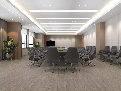 Modern Conference Room Interior With Long Table Ergonomic Chairs Green Plants And Flat Screen TV 3d model