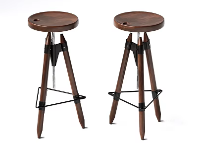 Stylish Brown Wooden Bar Stools With Three Legs And Black Metal Accents 3d model