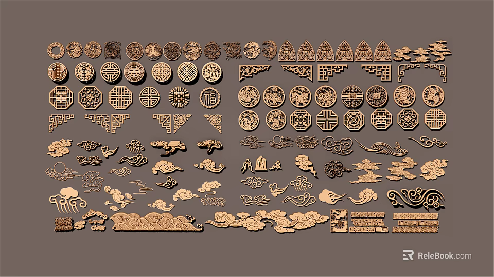 Traditional Wooden Carving Patterns with Ornate Designs Various Shapes and Artistic Details 3d model 