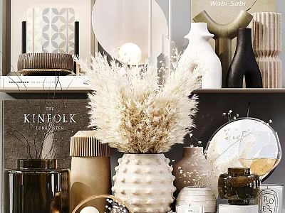 Elegant Decorative Ornament Collection With Pampas Grass Vases Ceramic Pieces And Art Books 3d model