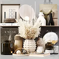 Elegant Decorative Ornament Collection With Pampas Grass Vases Ceramic Pieces And Art Books