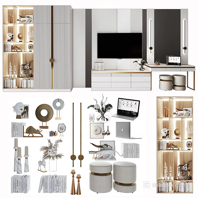 Modern TV Background Wall Design With Storage Cabinets And Decorative Elements 3d model 