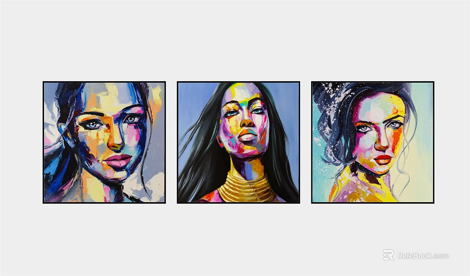 Three Vibrant Female Portrait Paintings With Colorful Features And Hairstyles 3d model 