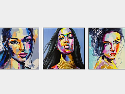 Three Vibrant Female Portrait Paintings With Colorful Features And Hairstyles 3d model