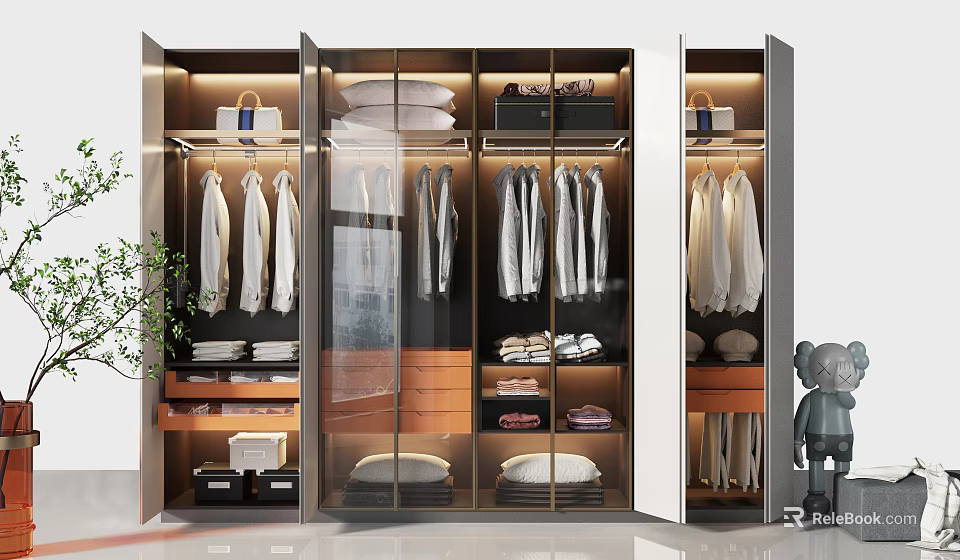 Modern Wardrobe Interior Design With Glass Doors Lighting Hanging Folded Clothes And Shoes 3d model 