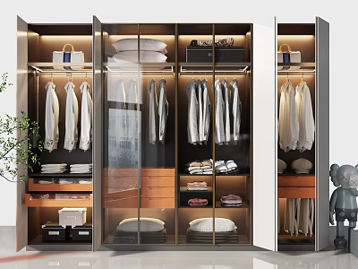 Modern Wardrobe Interior Design With Glass Doors Lighting Hanging Folded Clothes And Shoes 3d model