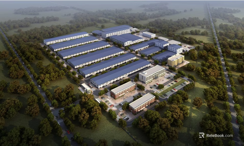 Modern Large Scale Industrial Factory Complex With Tree Surrounded Layout And Road Access 3d model