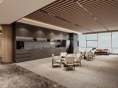 Modern Office Pantry Interior With Dark Cabinets Marble Countertop And Large Windows Tables Chairs 3d model