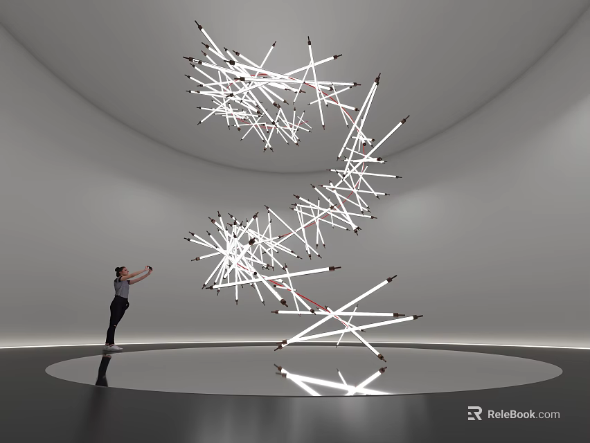 Modern Spiral Art Installation With Illuminated White Tubes In Gray Space Person On Circular Platform 3d model 