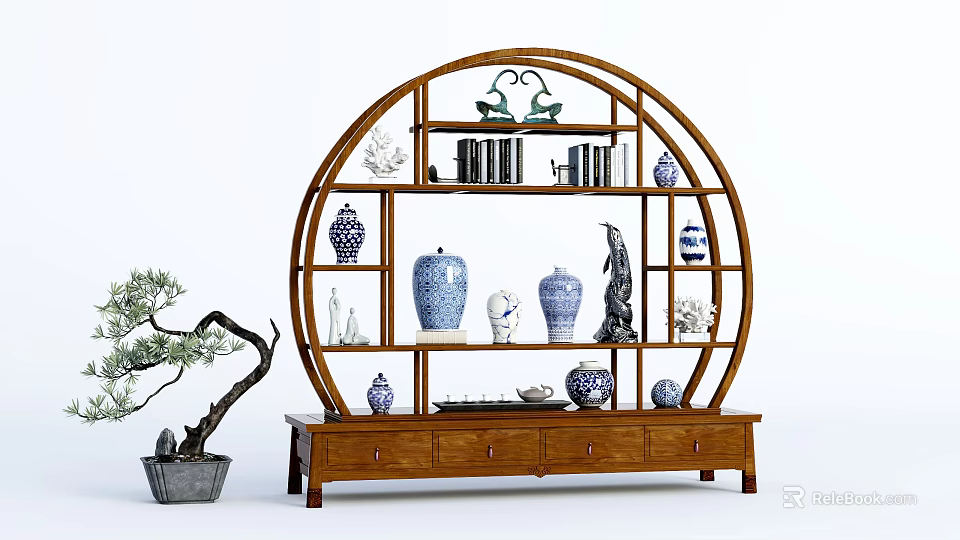 Traditional Chinese Round Wooden Antique Shelf With Blue And White Porcelain Vases And Books 3d model 