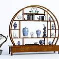 Traditional Chinese Round Wooden Antique Shelf With Blue And White Porcelain Vases And Books
