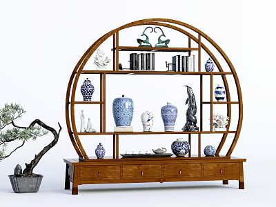 Traditional Chinese Round Wooden Antique Shelf With Blue And White Porcelain Vases And Books 3d model