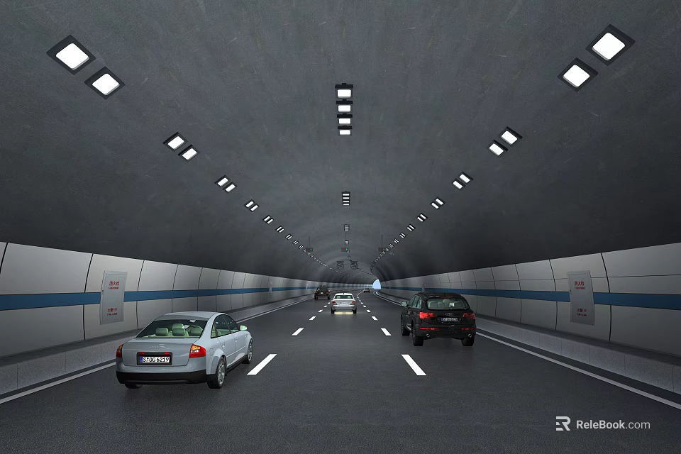 Modern Tunnel Road Facilities With Vehicles Lane Markings And Interior Lighting 3d model 