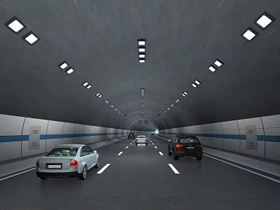 Modern Tunnel Road Facilities With Vehicles Lane Markings And Interior Lighting 3d model