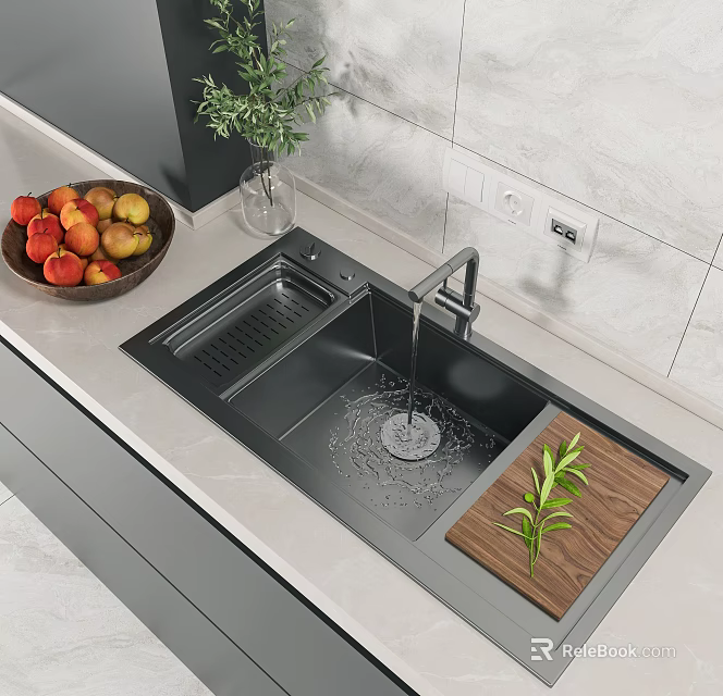 Stylish Black Kitchen Sink With Faucet Running Water Wooden Cutting Board And Fruit Bowl On Countertop 3d model 