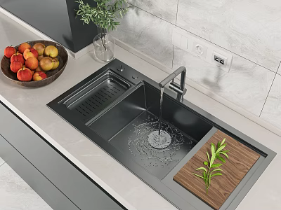 Stylish Black Kitchen Sink With Faucet Running Water Wooden Cutting Board And Fruit Bowl On Countertop 3d model