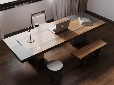 Modern Home Workspace Interior With Wooden Table Laptop Desk Lamp Books Chair And Bench 3d model
