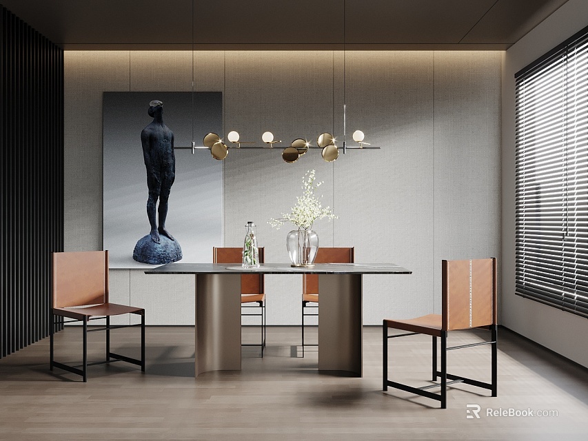 Modern Dining Table Set With Brown Leather Chairs Black Frame Pendant Light Artwork And Blinds 3d model 