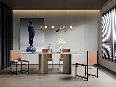Modern Dining Table Set With Brown Leather Chairs Black Frame Pendant Light Artwork And Blinds 3d model