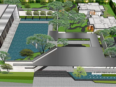 Modern Milk Tea Shop With Courtyard Water Feature And Lush Green Trees 3d model
