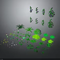 Various Green Plants Collection with Different Types Including Shrubs Grass Ferns and Purple Flowers
