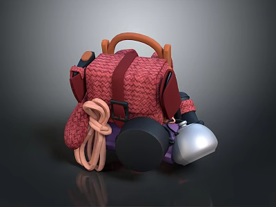 Stylish Red Woven Backpack With Orange Handle And Attached Rope Black Silver Water Bottles 3d model