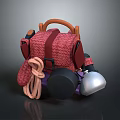 Stylish Red Woven Backpack With Orange Handle And Attached Rope Black Silver Water Bottles