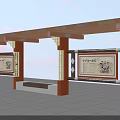 Traditional Chinese Corridor Featuring Red Pillars Brown Roof Decorative Beams Cultural Panels Stone Floor Bench