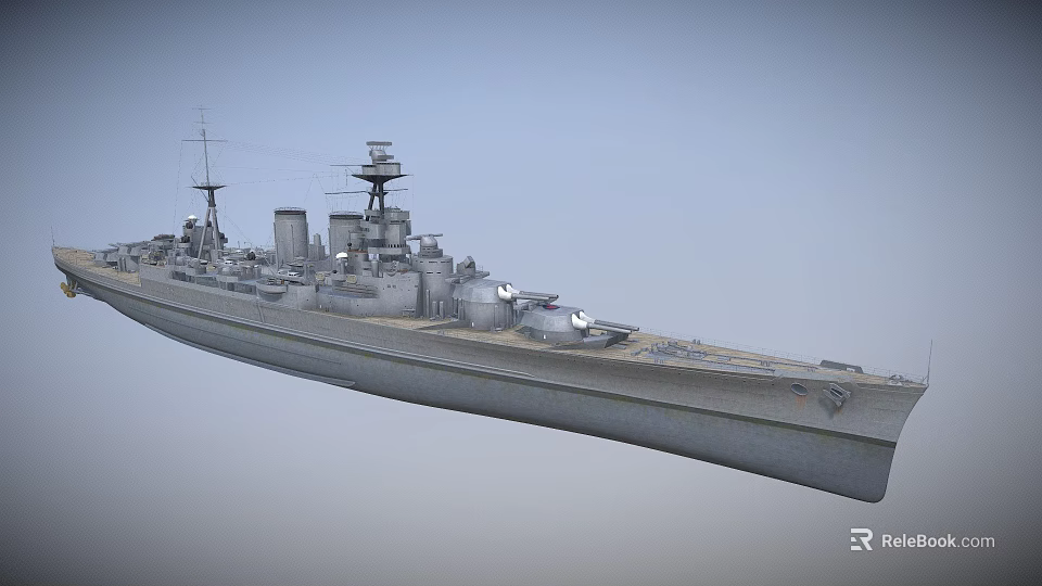Gray Military Battleship Warship With Turrets Funnels Mast And Bridge Sailing On Sea 3d model 