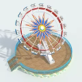 Colorful Ferris Wheel Amusement Park Ride Featuring Wooden Platform And Cabin Seats