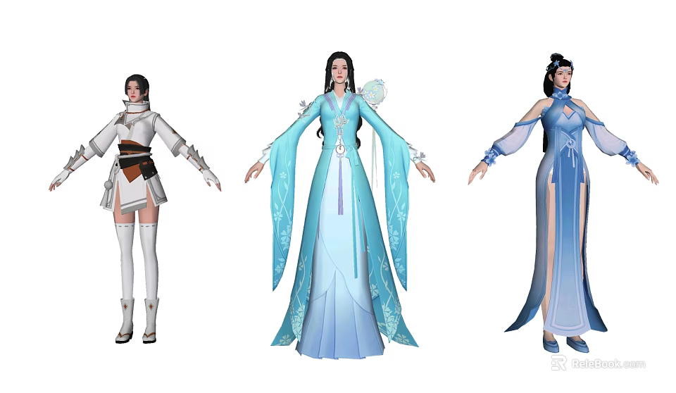 Game Movie Female Characters In Traditional Blue White Costumes With Flowing Sleeves 3d model 