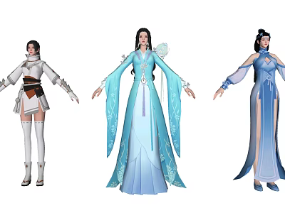 Game Movie Female Characters In Traditional Blue White Costumes With Flowing Sleeves 3d model