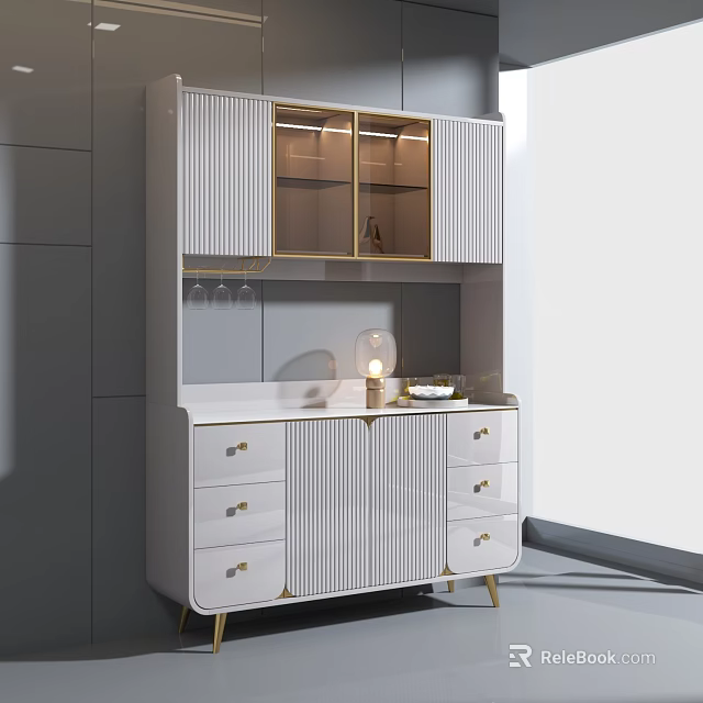 Elegant Modern Sideboard With White Cabinetry Gold Accents Glass Doors And Drawers 3d model 