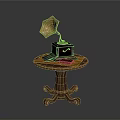 Vintage Gramophone On Wooden Table With Carved Legs And Small Items