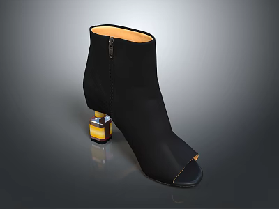Stylish Black Open Toe Ankle Boots With Colorful Block Heel And Side Zipper 3d model
