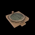 Round Wooden Bathtub With Steps On Platform And Calm Water Surface