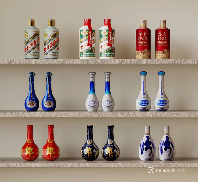 Various Beverage Bottles Displayed On Shelves With Different Colors And Designs 3d model