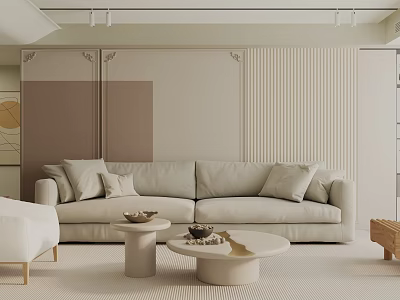 Modern Minimalist Living Room With Light Beige Sofa Multiple Cushions And Round Coffee Tables 3d model