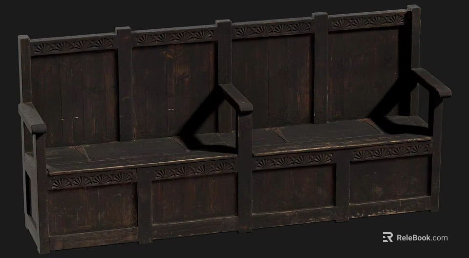 Wooden Public Bench With Carved Patterns And Solid Structure For Public Spaces 3d model 
